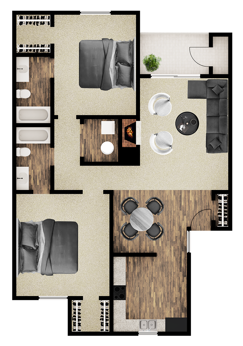 Floor plan for 2 beds, 2 baths, 970 sqft